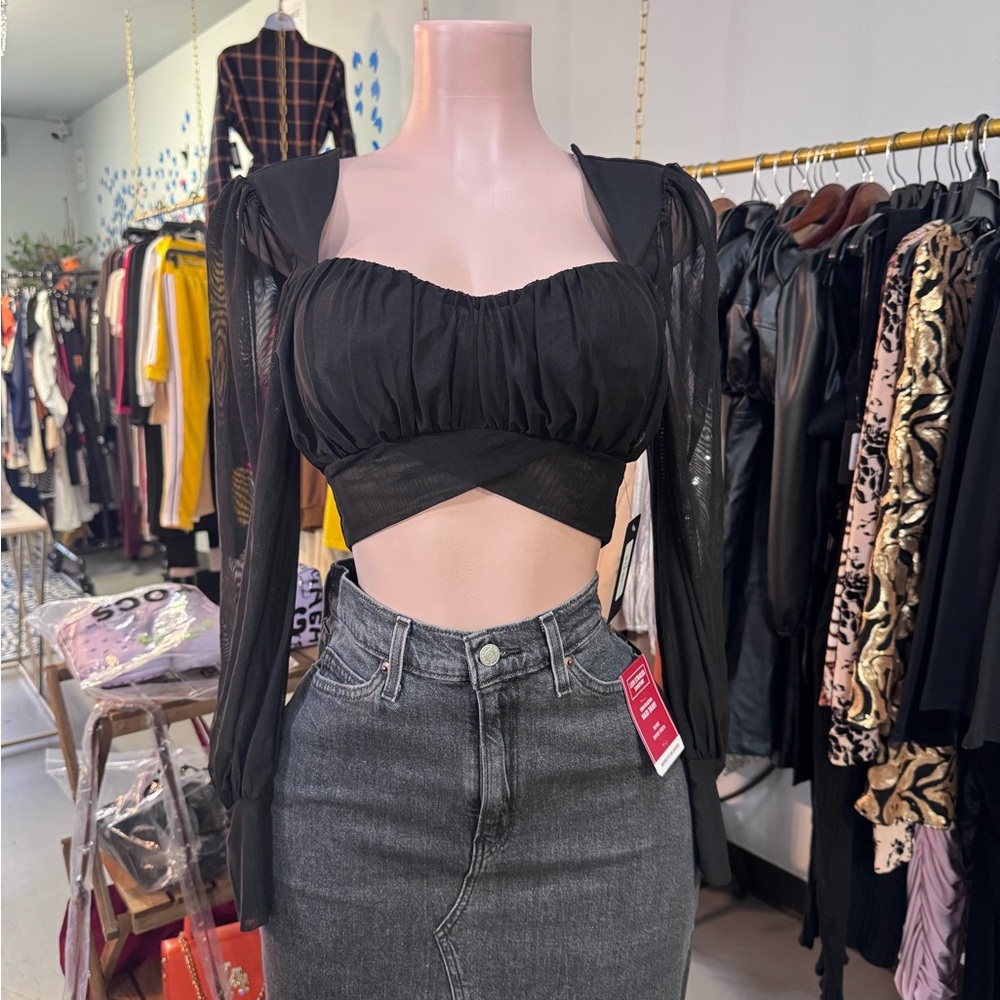 Elegant Black Mesh Long Sleeve Top